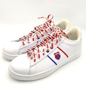 K-Swiss Court Vittora White Leather Sneakers Red Blue Logo Laces Womens 7.5 NWOB